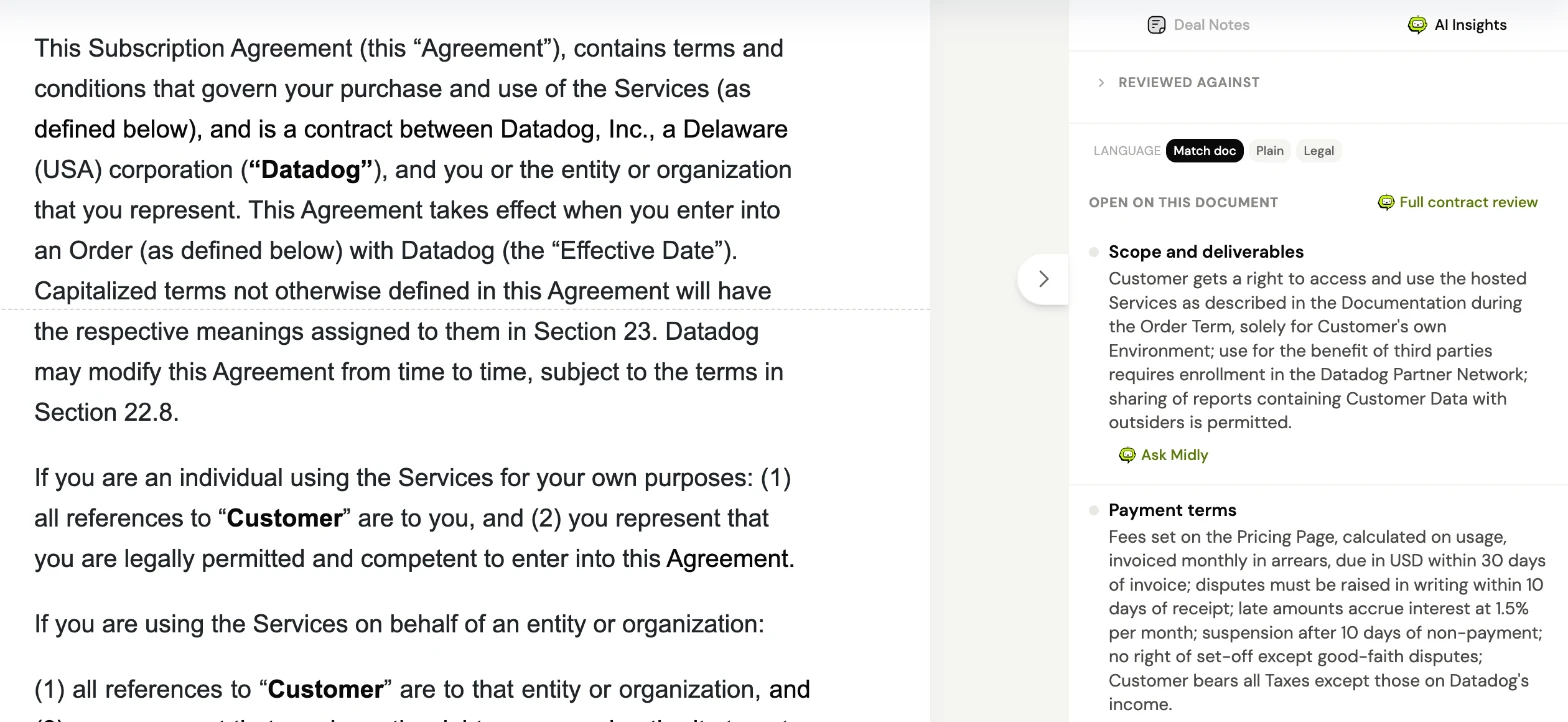 A completed Midly review of Datadog's published Master Subscription Agreement: the contract text on the left, and on the right the AI Insights panel listing each term area, such as scope and deliverables and payment terms, with a Full contract review button and an Ask Midly link on every row.