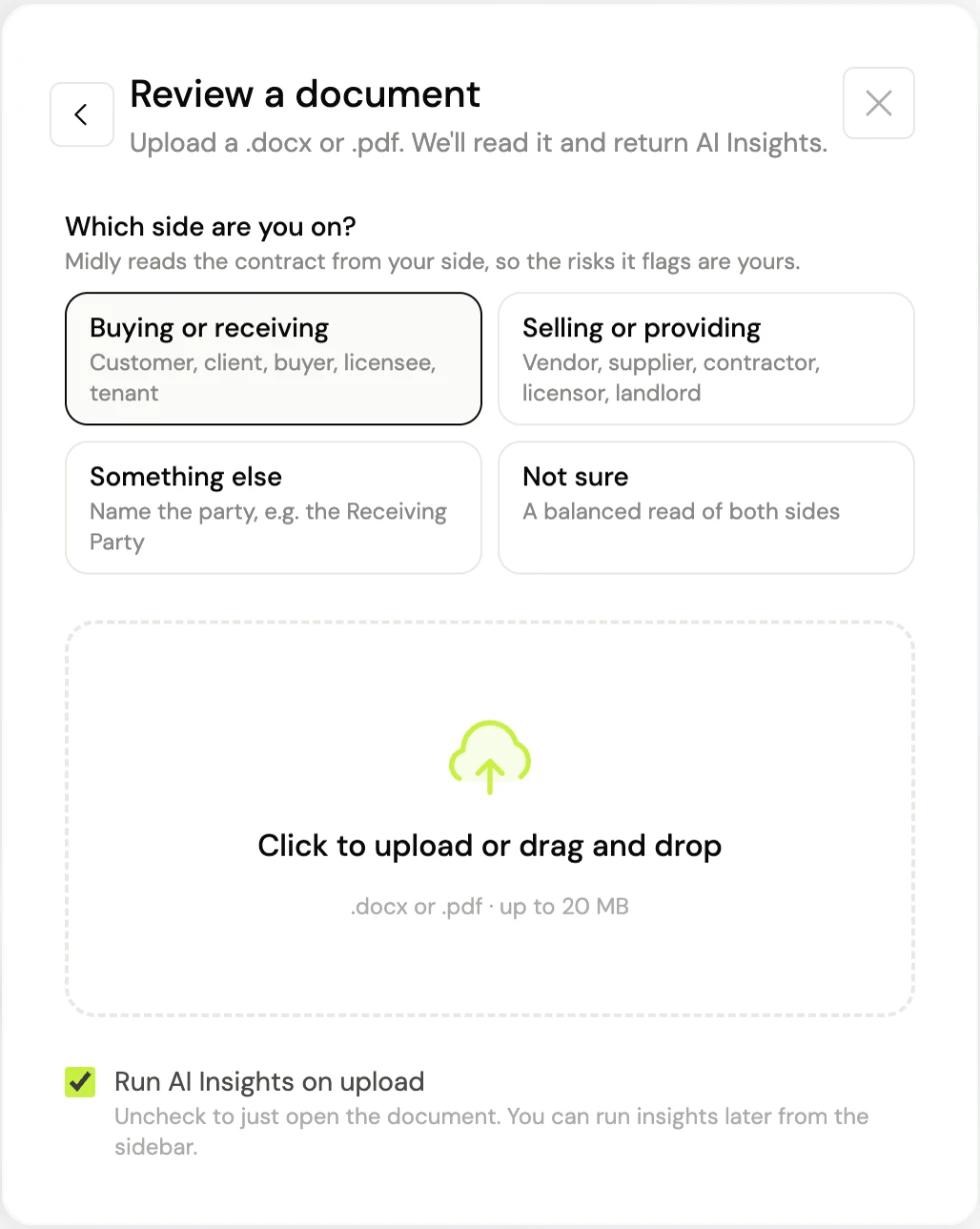 Midly's Review a document dialog. Under Which side are you on?, Buying or receiving is selected; below it are an upload area for a .docx or .pdf and a checked option to run AI Insights on upload.