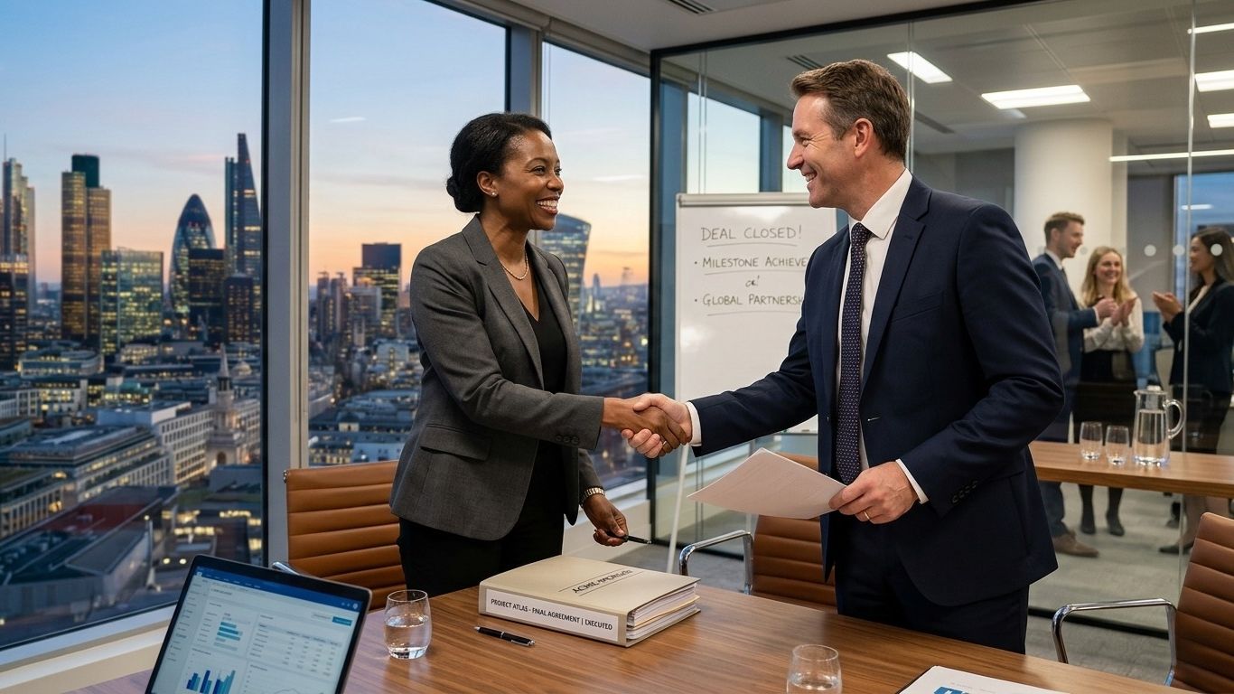 Deal owner shaking hands after closing a major contract